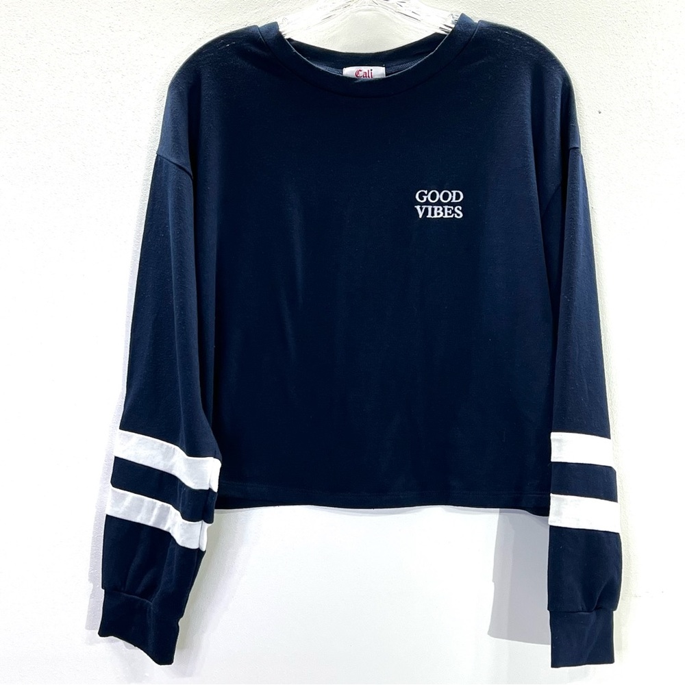 Cali Baby Good Vibes Cropped Blue Sweatshirt Top Long Sleeve Striped Crew - L